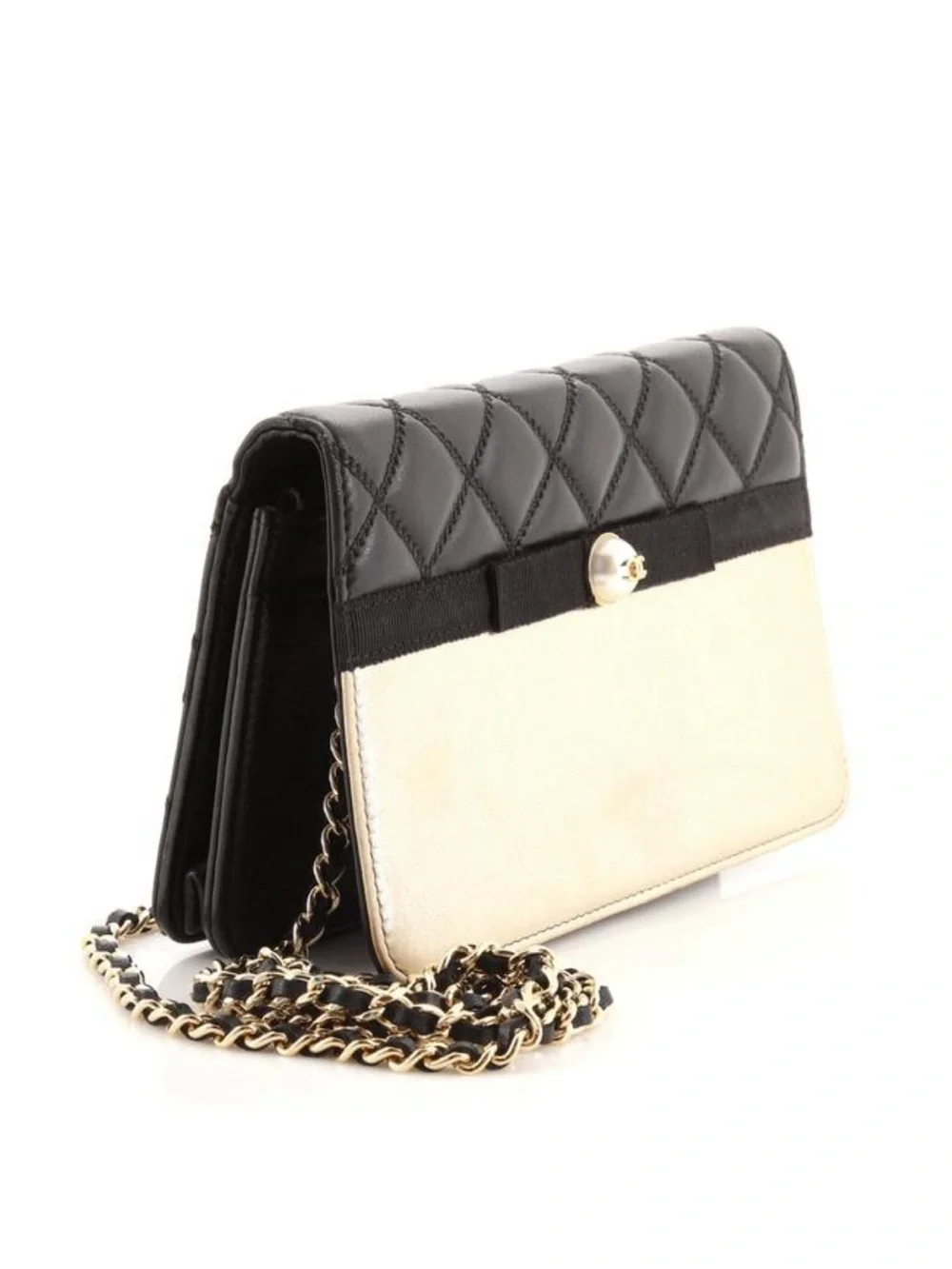 Chanel Black and Gold Quilted wallet on chain with pearl CC accent and chain